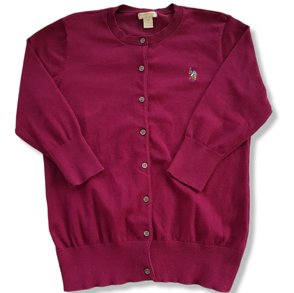 US Polo Assn. Burgundy Cardigan Women's Medium Cotton Old Money Academia Horse